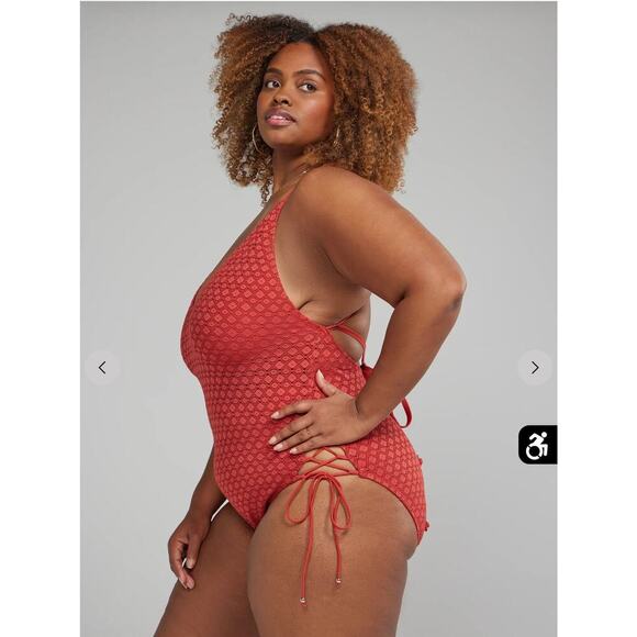 Crochet & Side Lace-Up One Piece Swimsuit Rust Color 2X (FTF) - Picture 3 of 8